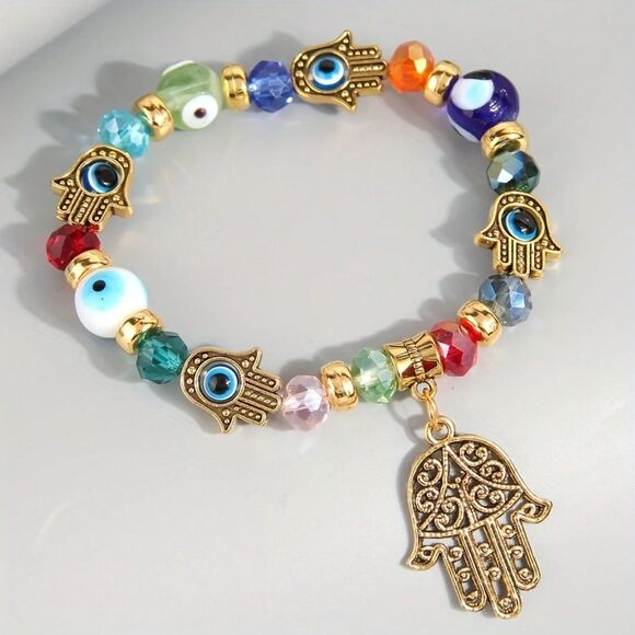 Blue Evil Eye Beaded Stretch Bracelet Fatima Palm Charm Chakra Karma Positive - Picture 1 of 5